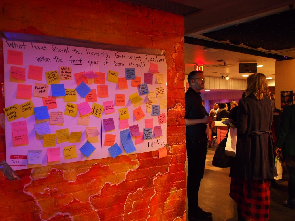 Dozens of sticky notes on a wall under the words "What Issue Should the Provincial Government Prioritize with the first year of being elected?"