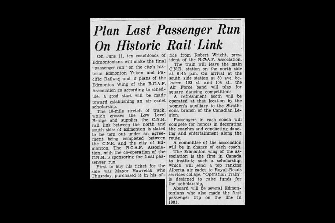 A newspaper clipping with the headline "Plan Last Passenger Run On Historic Rail Link"