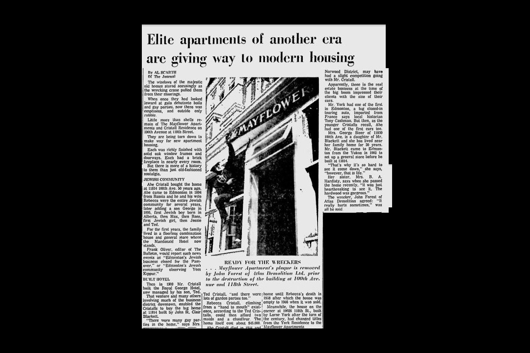 A newspaper clipping with the headline "Elite apartments of another era are giving way to modern housing" with a picture of a man removing the sign for the Mayflower
