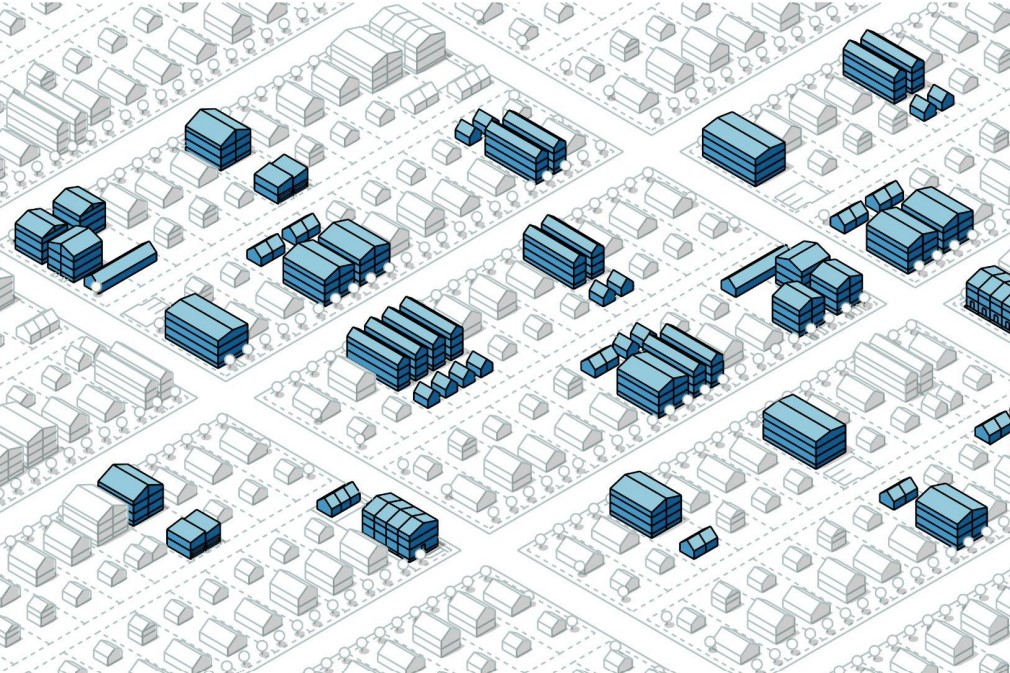 A conceptual diagram showing multi-unit buildings among single-family homes in a neighbourhood