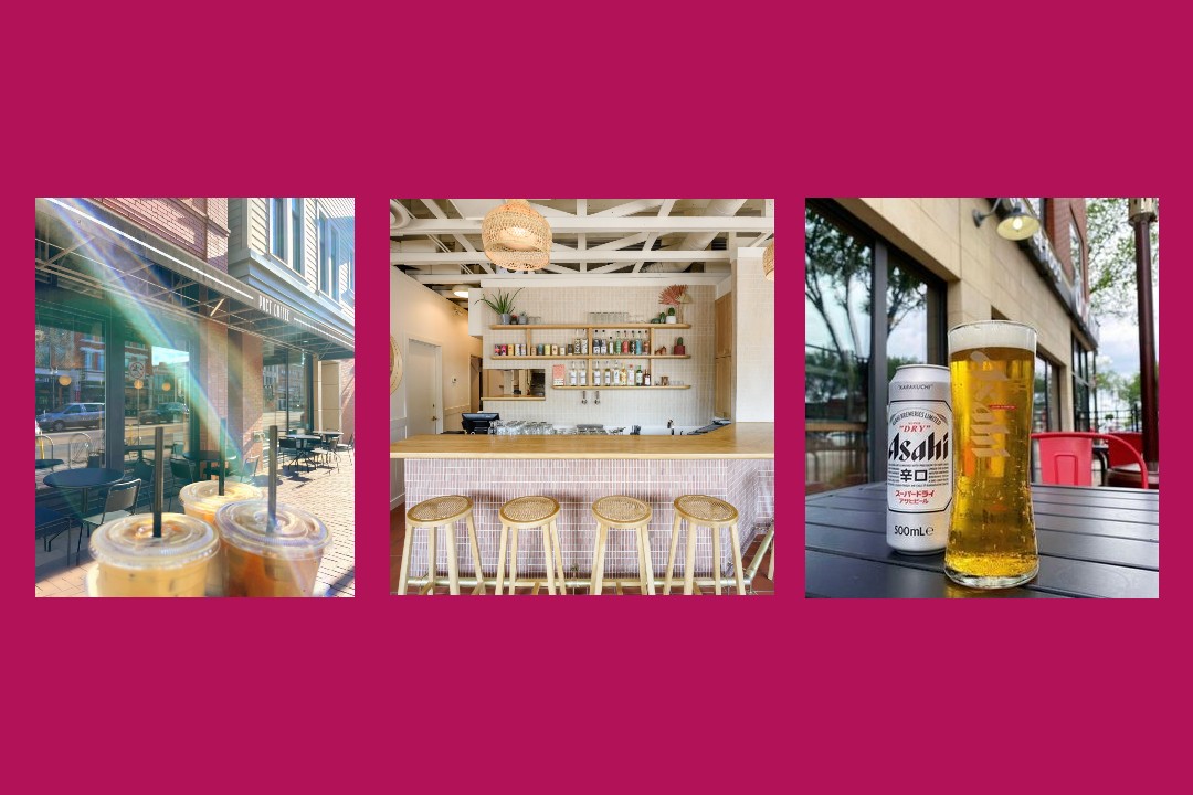 A collage of three photos depicts three iced coffees overlooking the patio furniture in front of PACT Coffee; a muted-coloured bar inside Marlo; and an Asahi beer can next to a full pint glass on a patio table outside Dorinku Tokyo.]