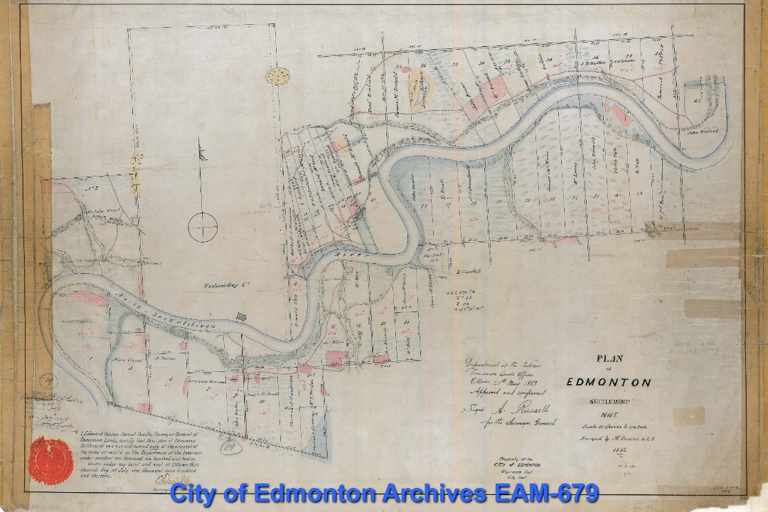 An image of a map from the City of Edmonton archives. Long, skinny lots along the river are visible