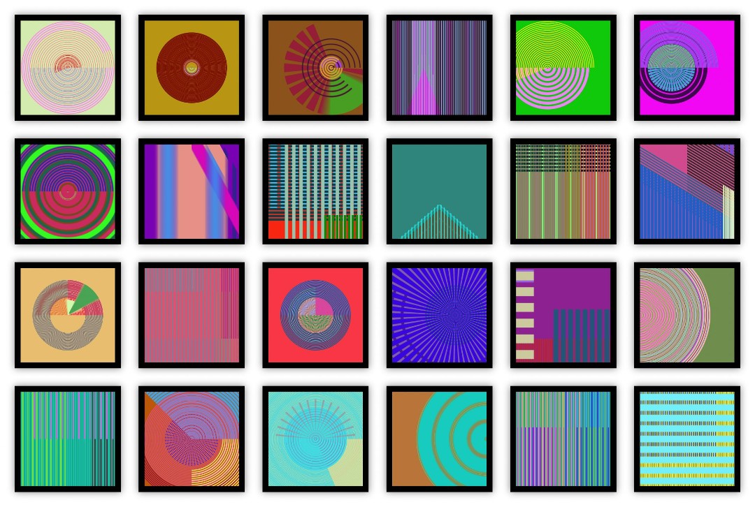 A four-by-six grid of abstract works, many of them featuring circles, radiating lines, and/or columns of colour