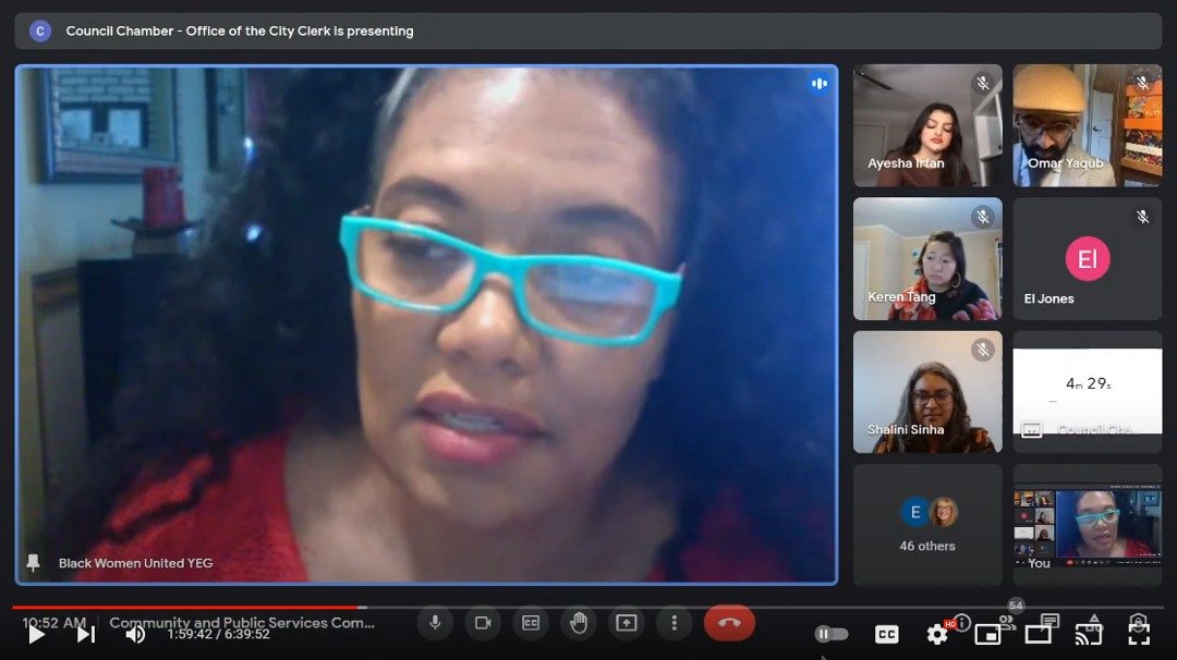 A screenshot of an online meeting of city council's community and public services committee, with Junetta Jamerson in the main window and an array of other attendees on the side