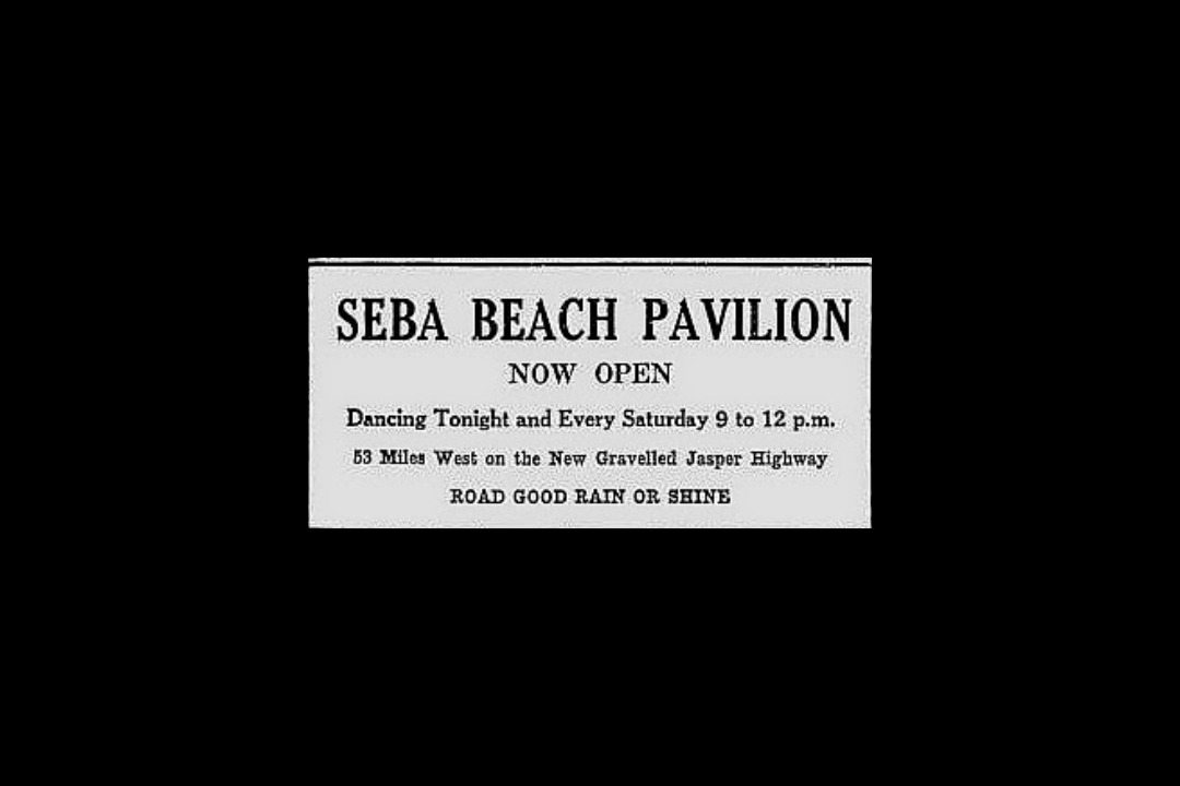A newspaper clipping with the headline "Seba Beach Pavilion Now Open"