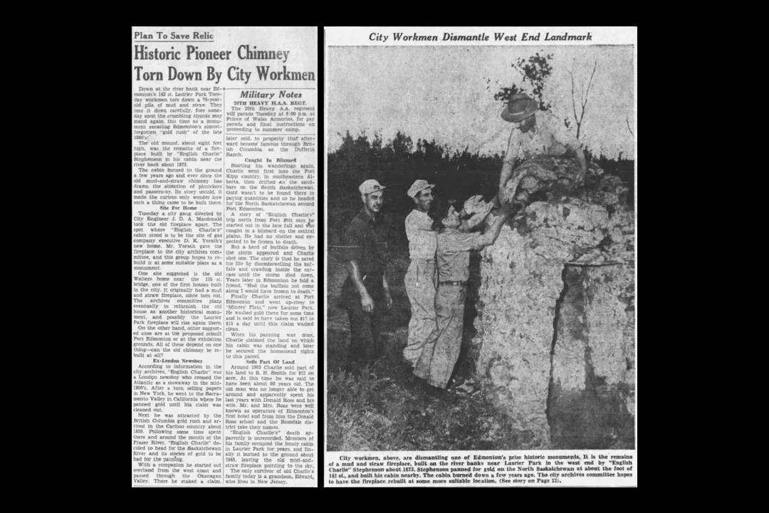 A newspaper clipping with the headline "Plan to save relic: Historic Pioneer Chimney Torn Down By City Workmen" beside a photo a man on top of a mud and straw fireplace, looking down at three other men.