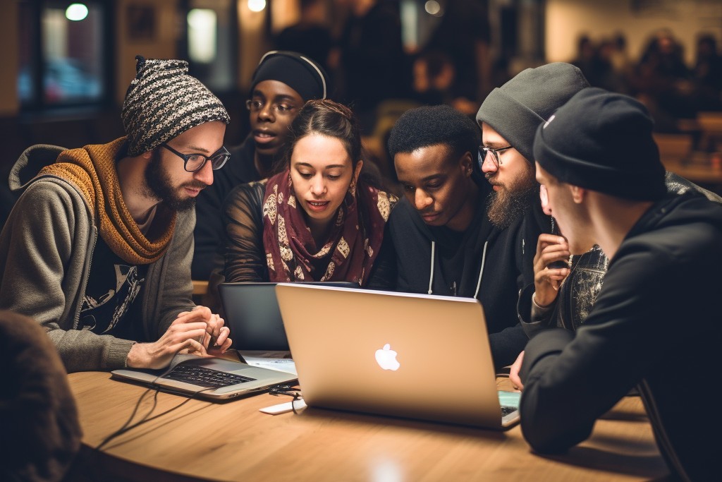 An AI-generated image of six people sitting at a table with laptops open. There are three white men, two Black men, and a woman whose race is difficult to discern.