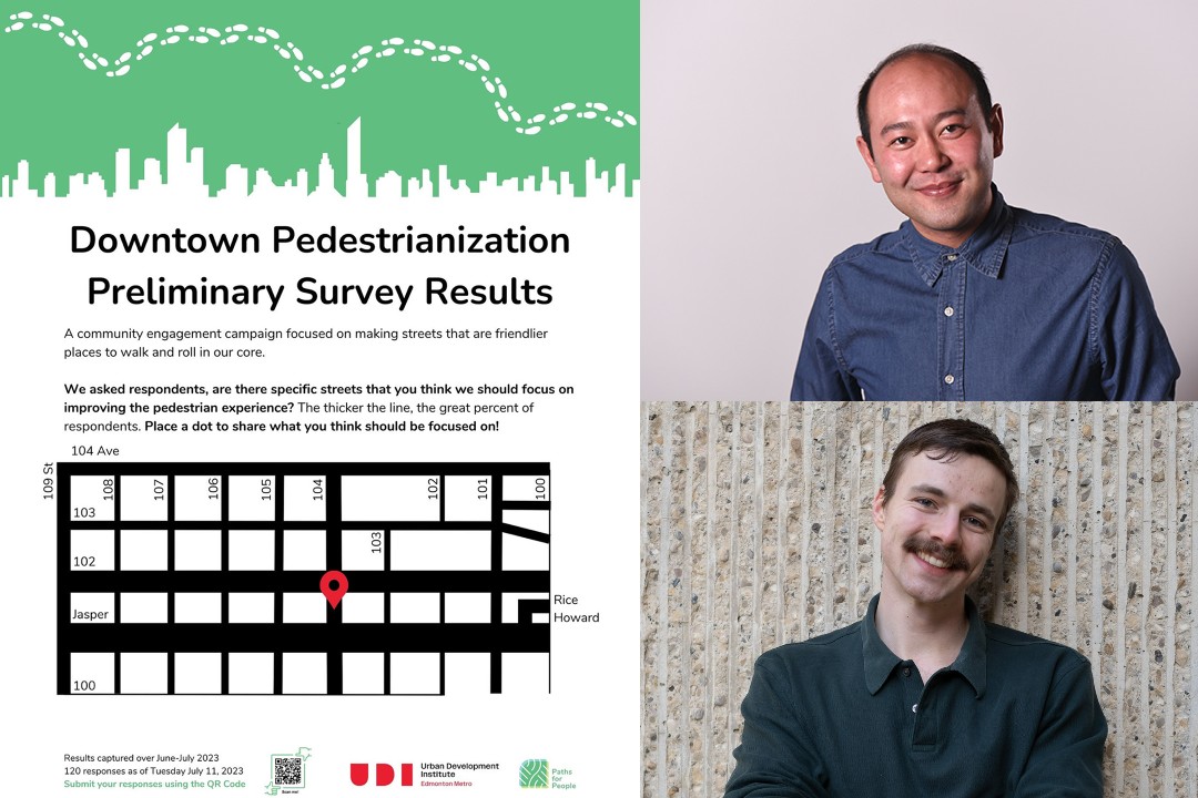 Portraits of Jason Syvixay and Stephen Raitz beside a slide that reads "Downtown Pedestrianization Preliminary Survey Results" over a map of downtown that shows roadways of various thicknesses.
