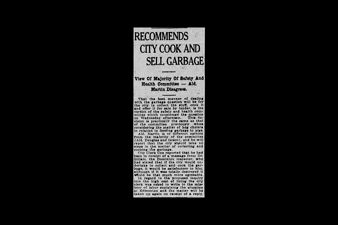 A newspaper clipping with the headline "Recommends City Cook and Sell Garbage"
