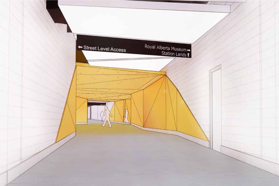 Rendering of the inside of a proposed pedway with signage on the ceiling indicating Street Level Access to the left, the Royal Alberta Museum to the right, and Station Lands straight ahead
