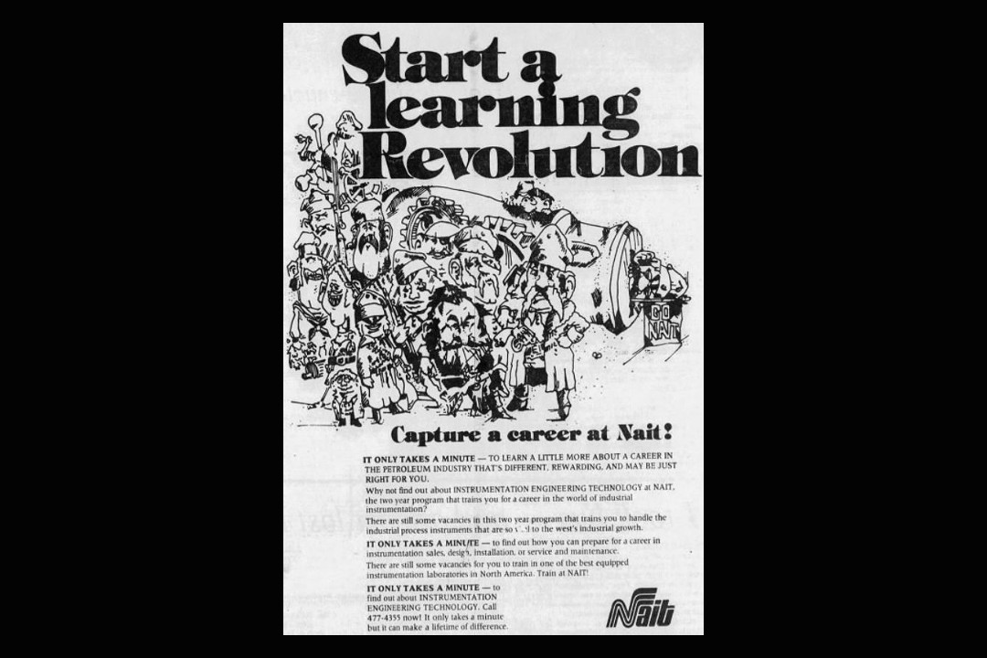 A newspaper clipping of an ad that reads "Start a learning Revolution: Capture a career at Nait!" around a cartoon of soldier-like figures