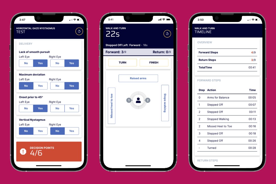 Three phone screens showing the three tests a police officer uses to check for cognitive impairment