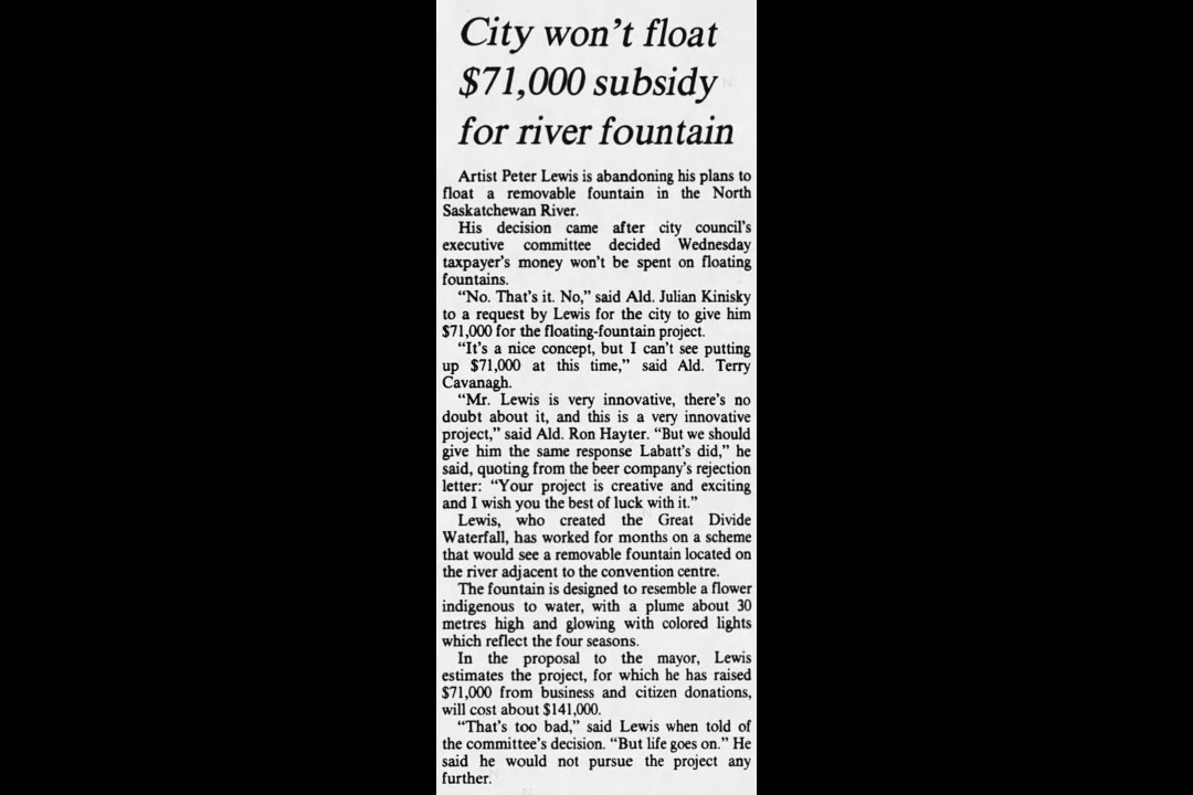 A newspaper clipping with the headline "City won't float $71,000 subsidy for river fountain"