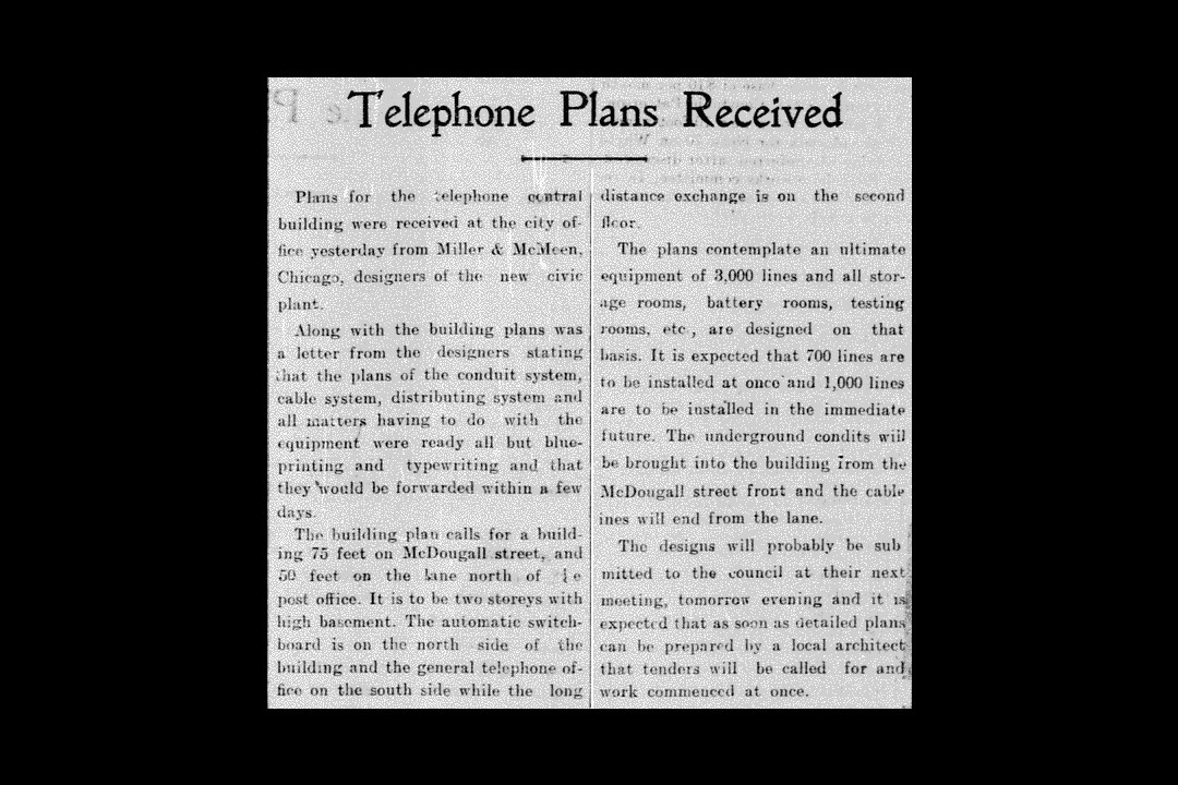 A newspaper clipping with the headline "Telephone Plans Received"