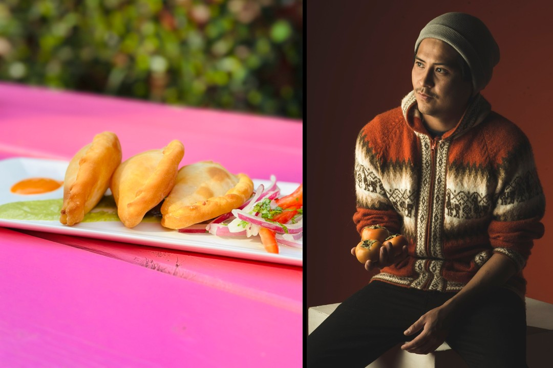 A portrait of chef Joshua Nhan holding three tomatoes and wearing a beanie and a sweater. Beside him is a closeup of three empanadas surrounded by garnish on a pink table.