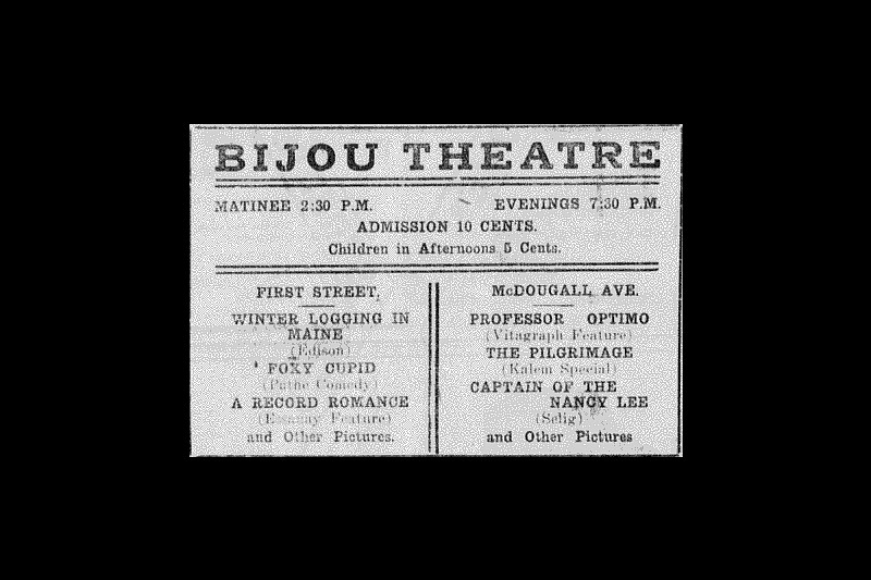A newspaper clipping of an ad for the Bijou Theatre, where admission was 10 cents and movies included Foxy Cupid and Professor Optimo