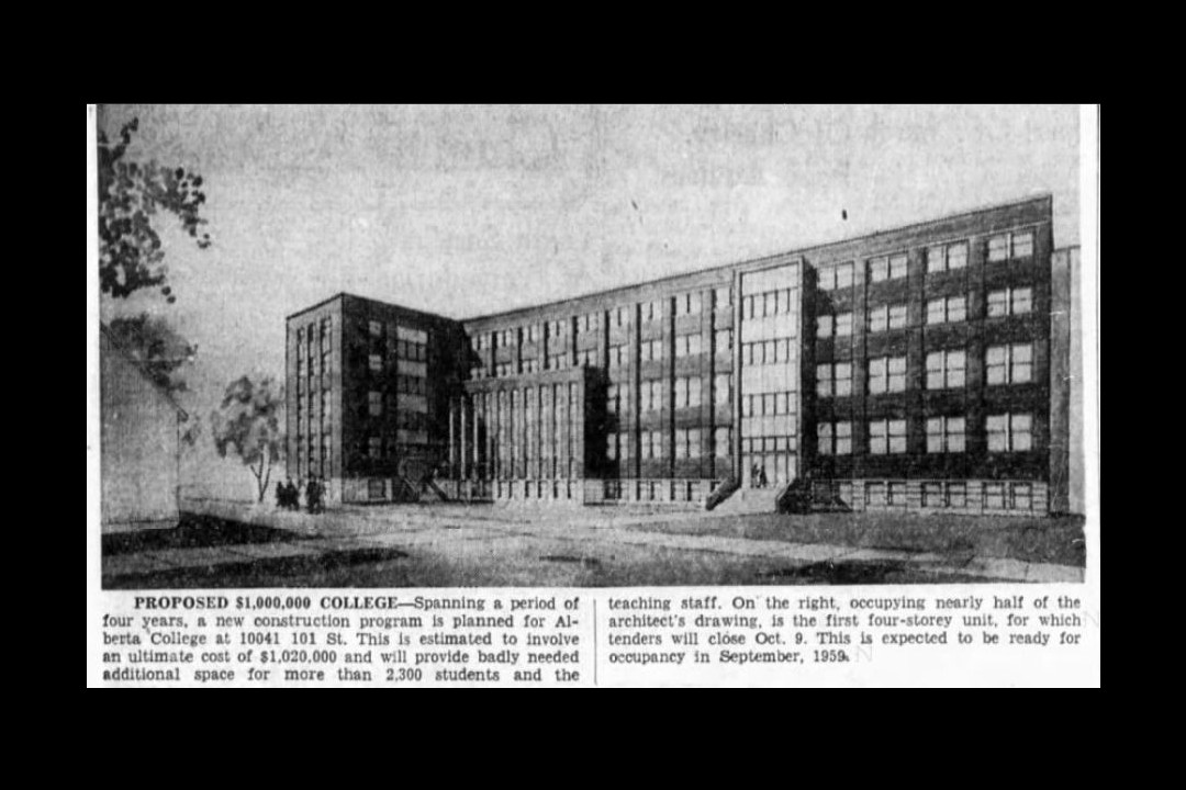 A newspaper clipping of a rendering of the Alberta College building, with a caption that starts "Proposed $1,000,000 college"