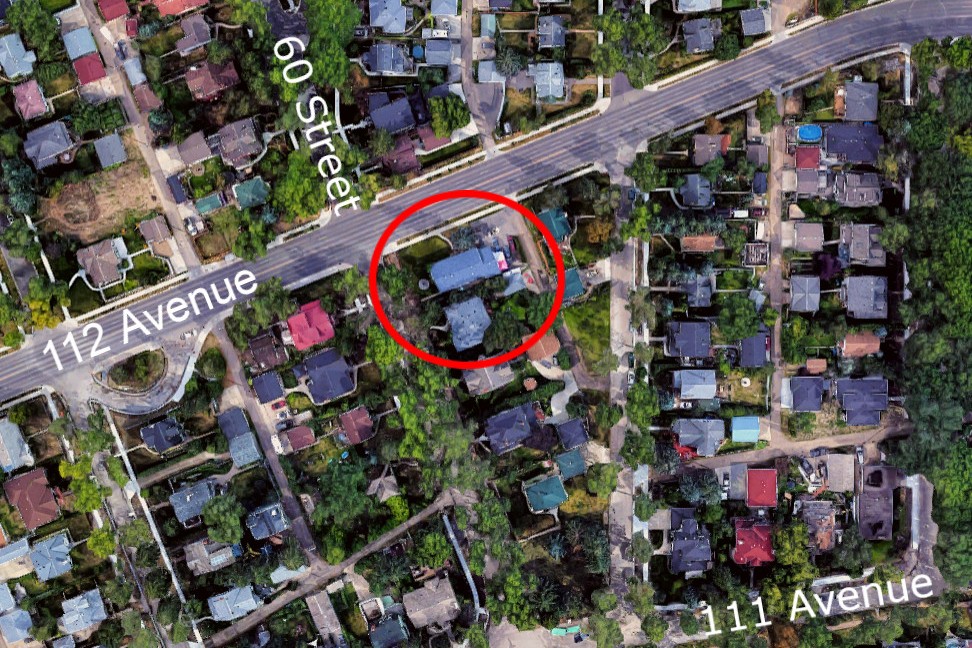 An aerial view of 112 Avenue in the Highlands neighbourhood, with a red circle indicating the site of a proposed rezoning