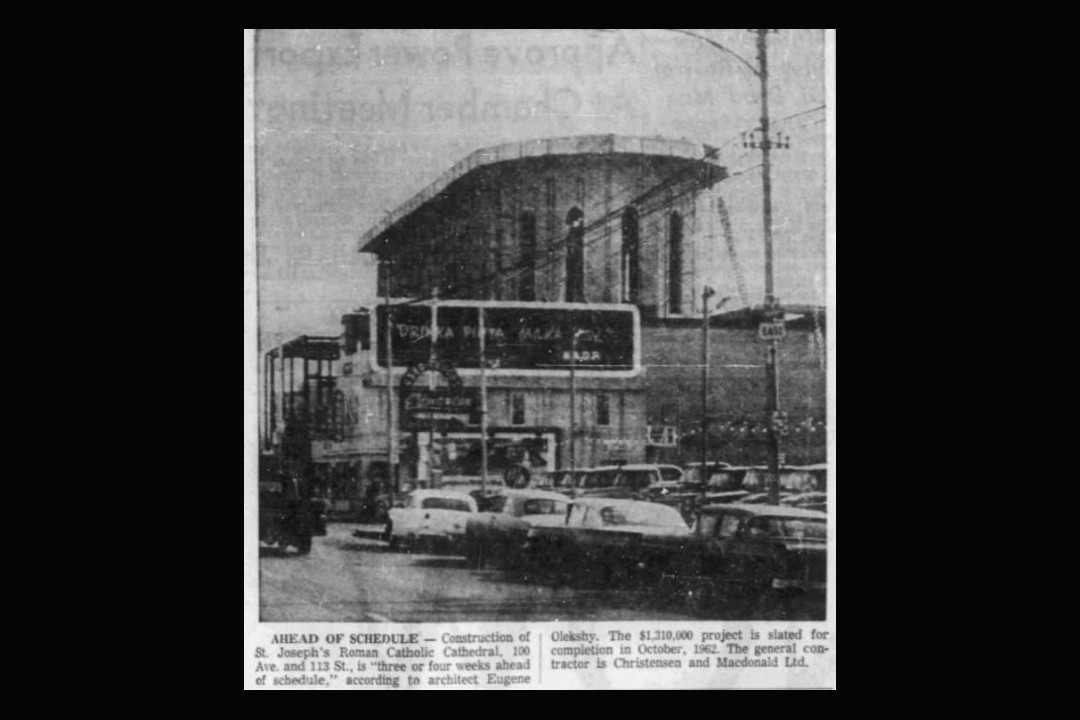A newspaper clipping with a photo of St. Joseph's Basilica under construction, with a caption that reads "Ahead of Schedule"