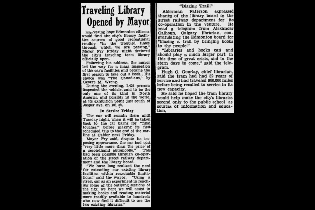 A newspaper clipping with the headline "Traveling Library Opened by Mayor"