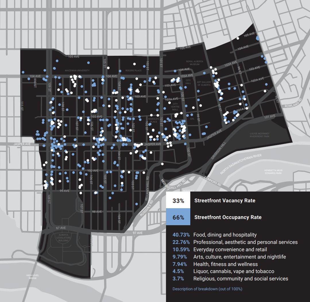 A map of downtown Edmonton with almost 500 dots showing the vacant streetfronts (33%) and the occupied streetfronts (66%)