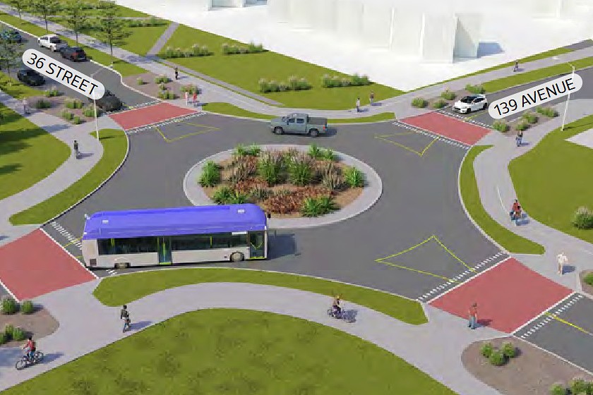Digital rendering of a traffic circle at the intersection of 36 Street and 139 Avenue, which is being navigated by a truck and an Edmonton Transit Service bus