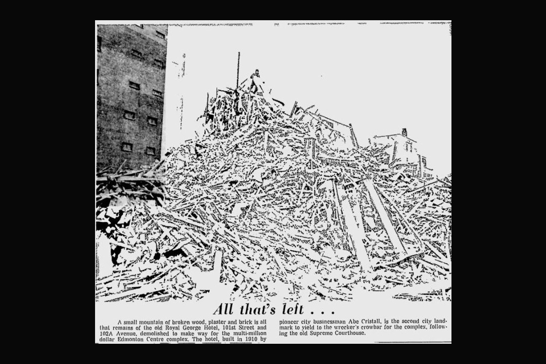 A newspaper clipping of a photo of a pile of rubble with the caption "All that's left…"