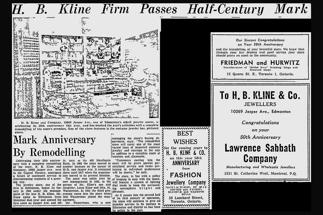 A newspaper clipping of a story headlined "H.B. Kline Firm Passes Half-Century Mark: Mark Anniversary By Remodelling"