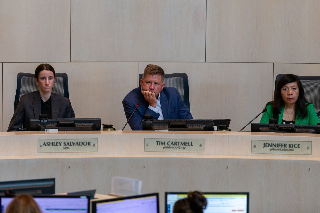 Councillors Ashley Salvador, Tim Cartmell, and Jennifer Rice in council chambers.