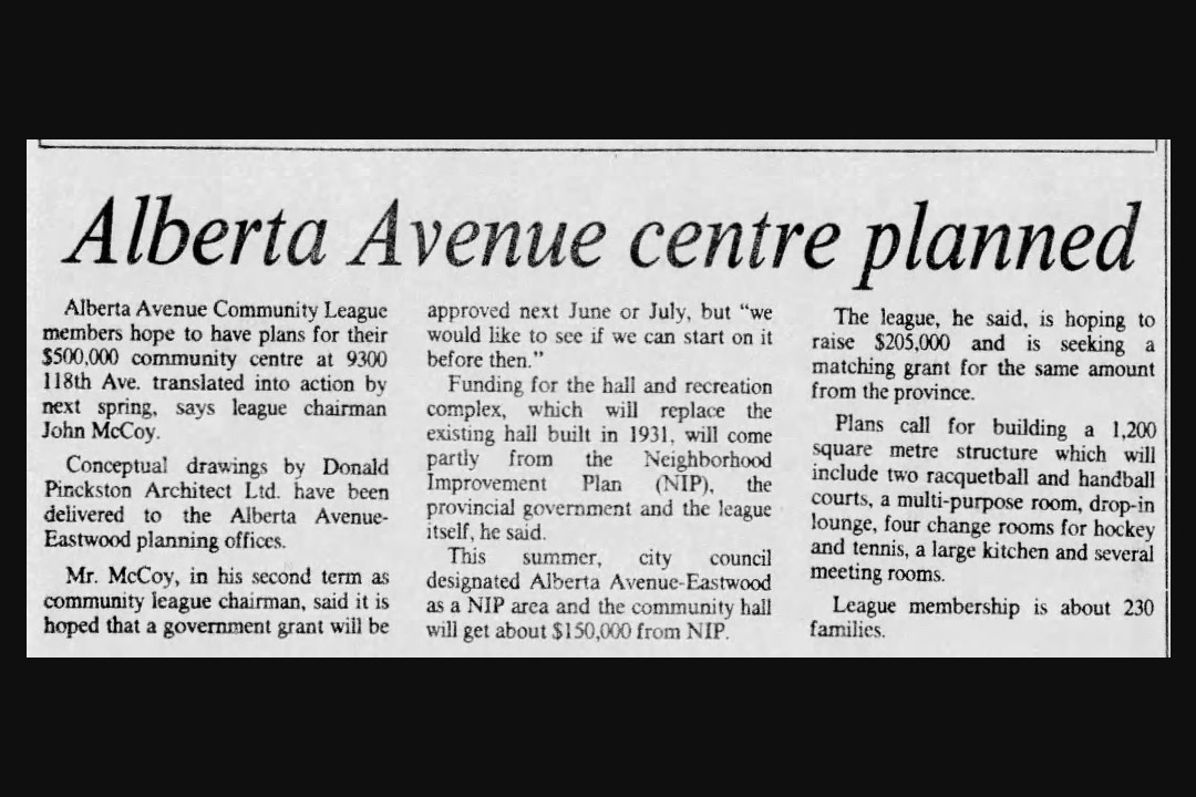 A newspaper clipping with the headline "Alberta Avenue centre planned