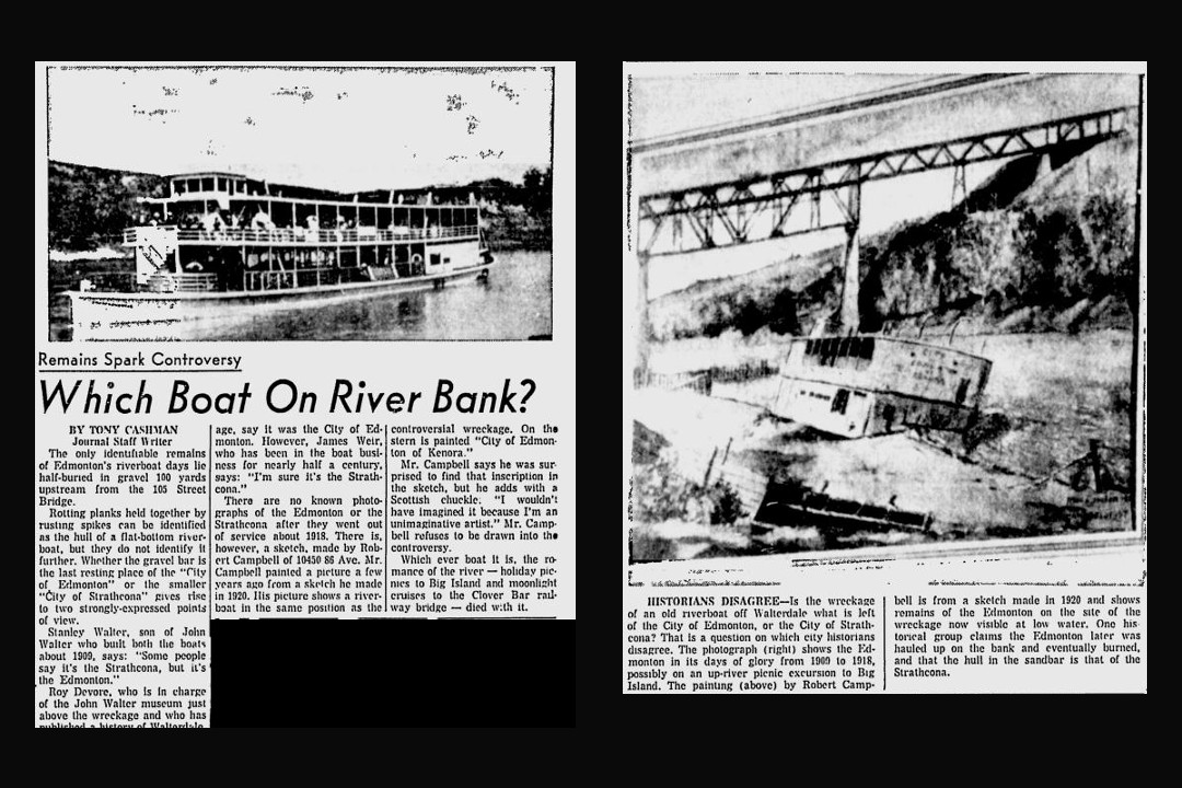 Newspaper clippings of a story with the headline "Which Boat On River Bank?" and a picture captioned "Historians Disagree"