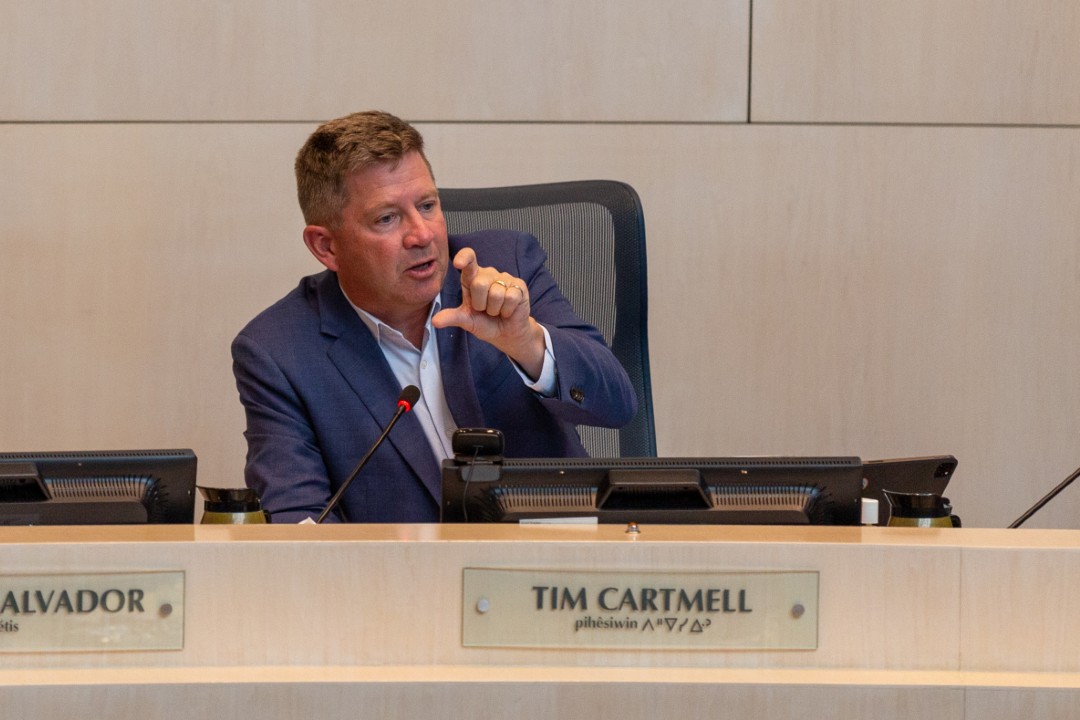 Ward pihêsiwin Coun. Tim Cartmell at a council meeting in August 2023.