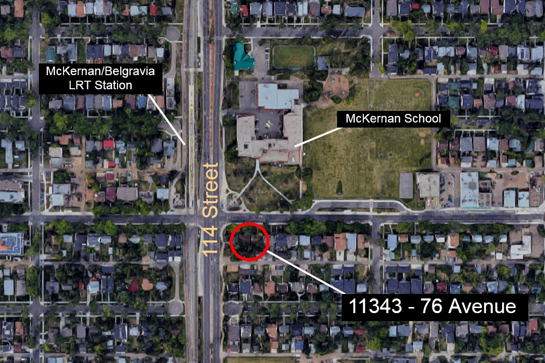 Aerial view of 11343 76 Avenue NW, which shares an intersection with McKernan School and the McKernan/Belgravia LRT station.