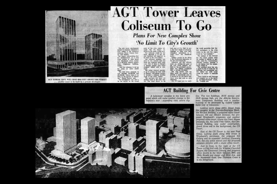 Newspaper clipping showing a rendering of two skyscrapers beside a headline reading "AGT Tower Leaves Coliseum To Go: Plans for New Complex Show 'No Limit to City's Growth'" plus a view of Edmonton's proposed skyline.