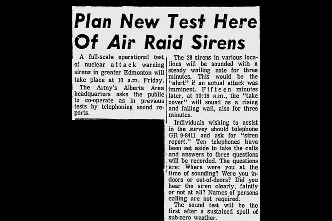 A newspaper clipping that reads, "Plan New Test Here of Air Raid Sirens