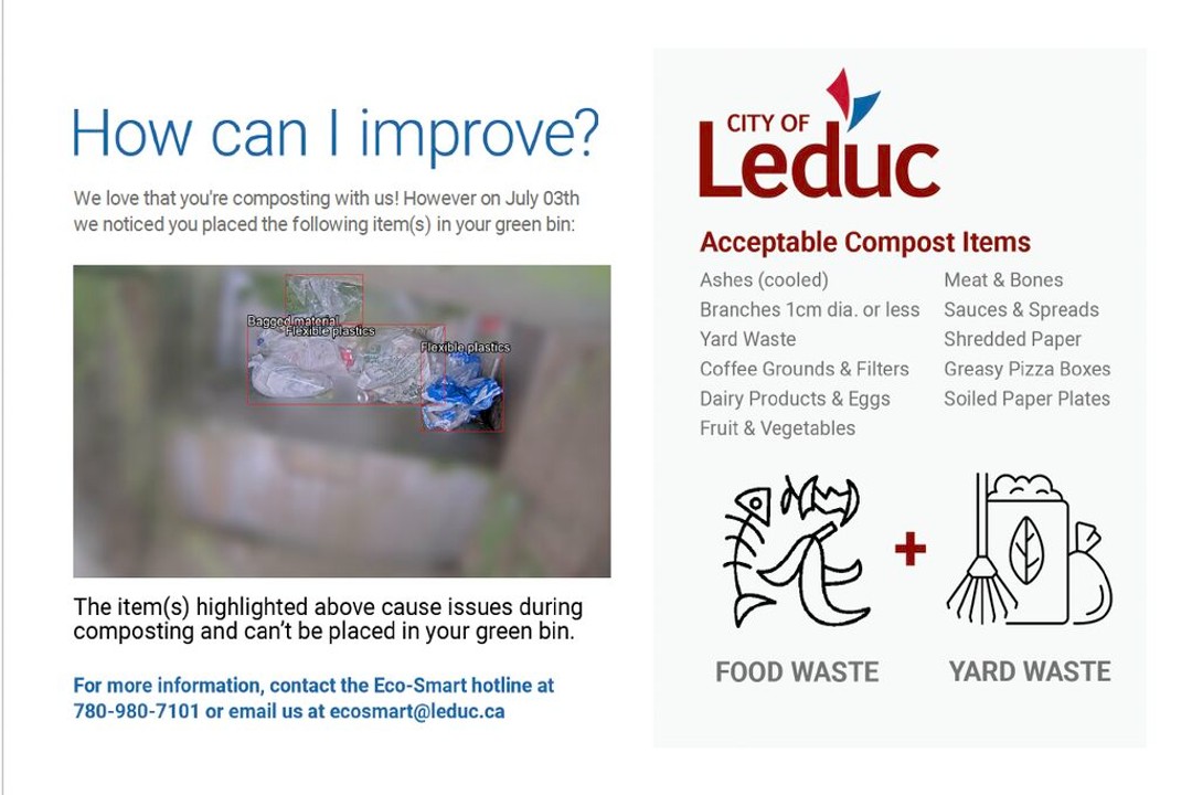 A picture of a card that Leduc mails to people showing contaminants in their compost cart such as plastics