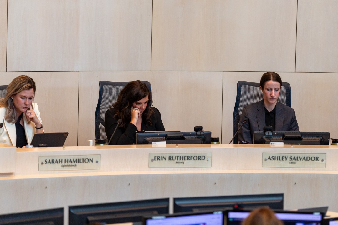 Councillors Sarah Hamilton, Erin Rutherford, and Ashley Salvador at a city council meeting in August 2023.