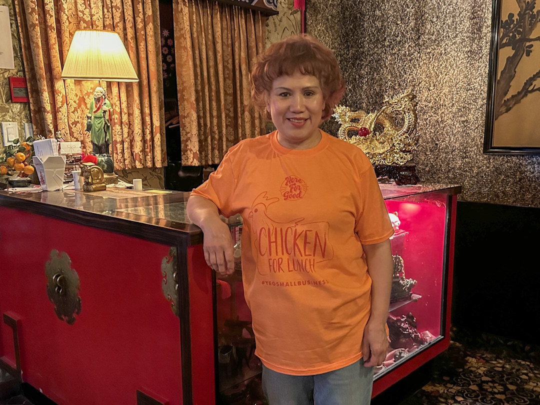 Amy Quon wearing a Chicken for Lunch t-shirt at The Lingnan