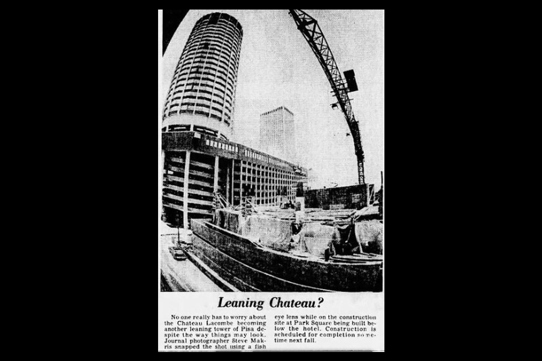 A newspaper clipping that shows a photograph of the Chateau Lacombe in a distorted vision. The headline reads "Leaning Chateau?"