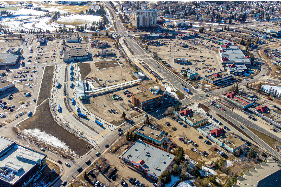 Aerial view of Mill Woods Town Centre and the Mill Woods Transit Centre