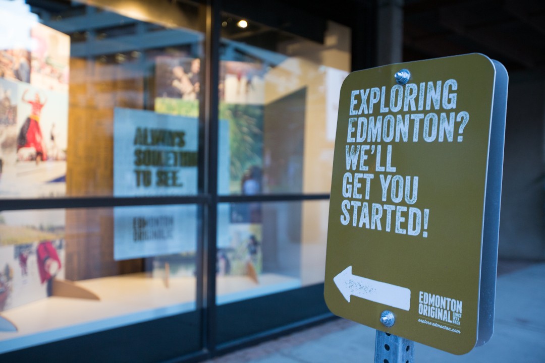 A sign that reads "Exploring Edmonton? We'll get you started."