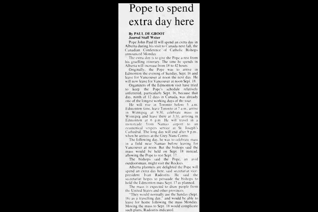 A newspaper clipping that reads, "Pope to spend extra day here."