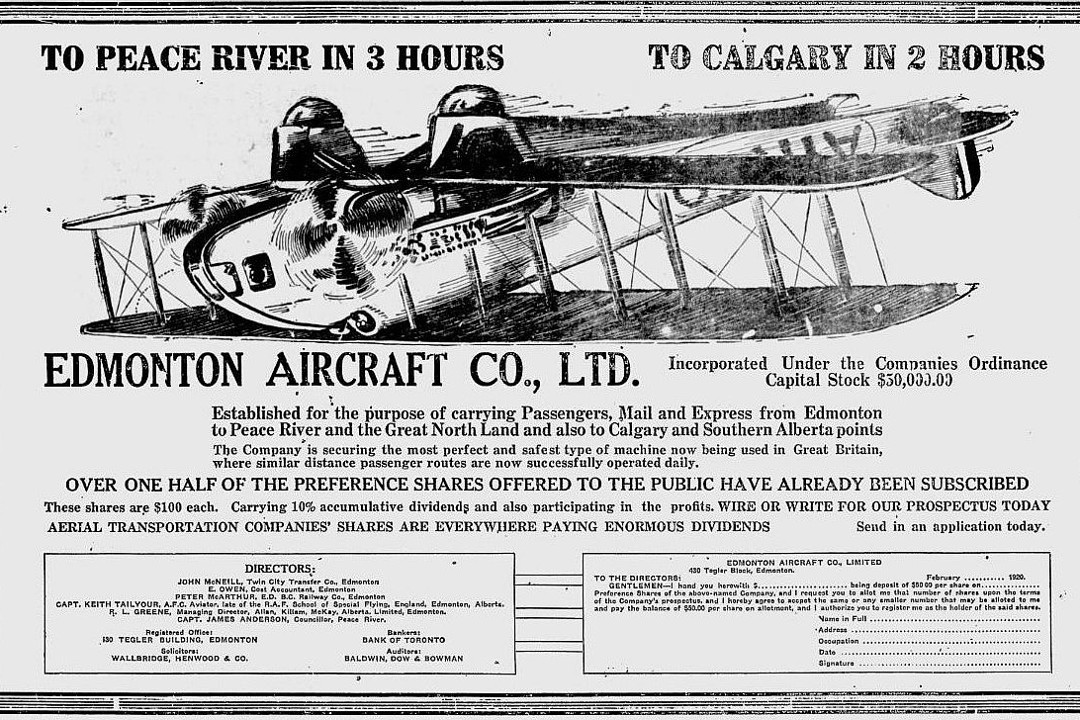 A newspaper clipping that shows a bi-plane upside down for unexplained reasons. The clipping reads, "To Peace River in 3 hours To Calgary in 2 hours."