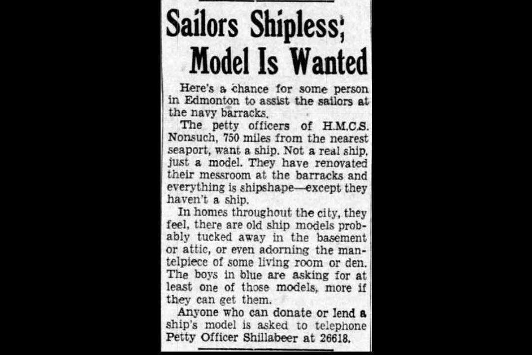 A photo of a newspaper clipping that reads: Sailors Shipless; Model is Wanted