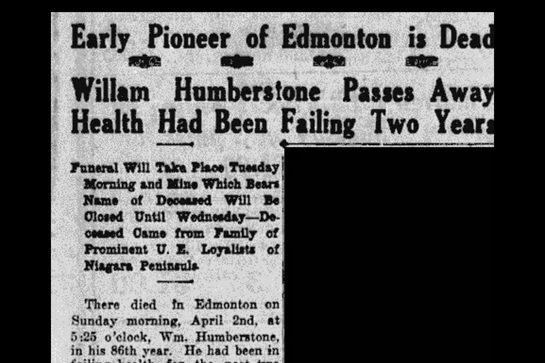 A photo of an old newspaper. The headline reads, "Early Pioneer of Edmonton Is Dead"