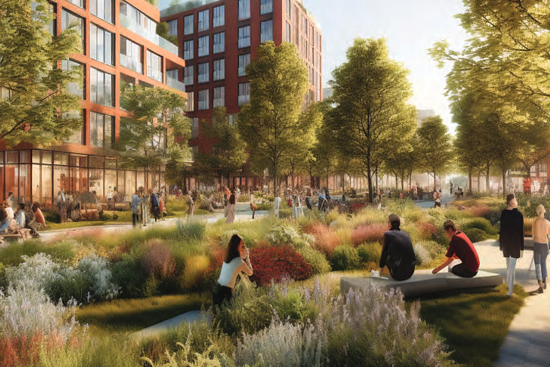 Artistic rendering of a busy urban park filled with trees and shrubs and adjacent to mid-rise buildings