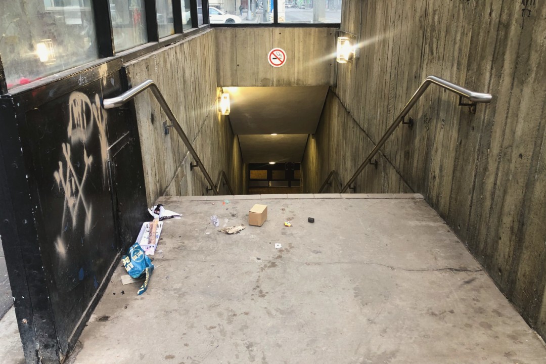 Garbage at an entrance to Central LRT station in downtown Edmonton.