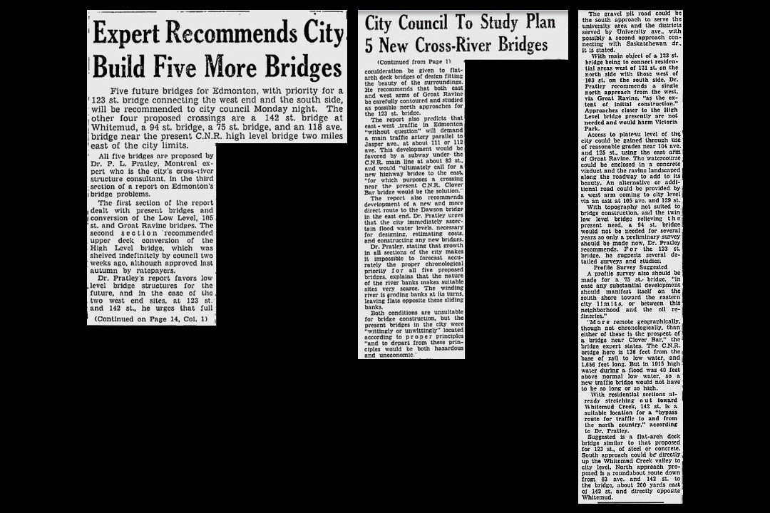Newspaper clipping of a story with the headline "Expert Recommends City Build Five More Bridges"