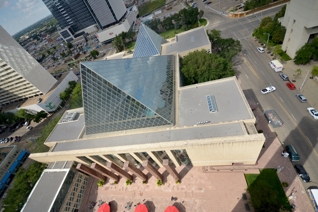 An aerial photo of Edmonton City Hall.