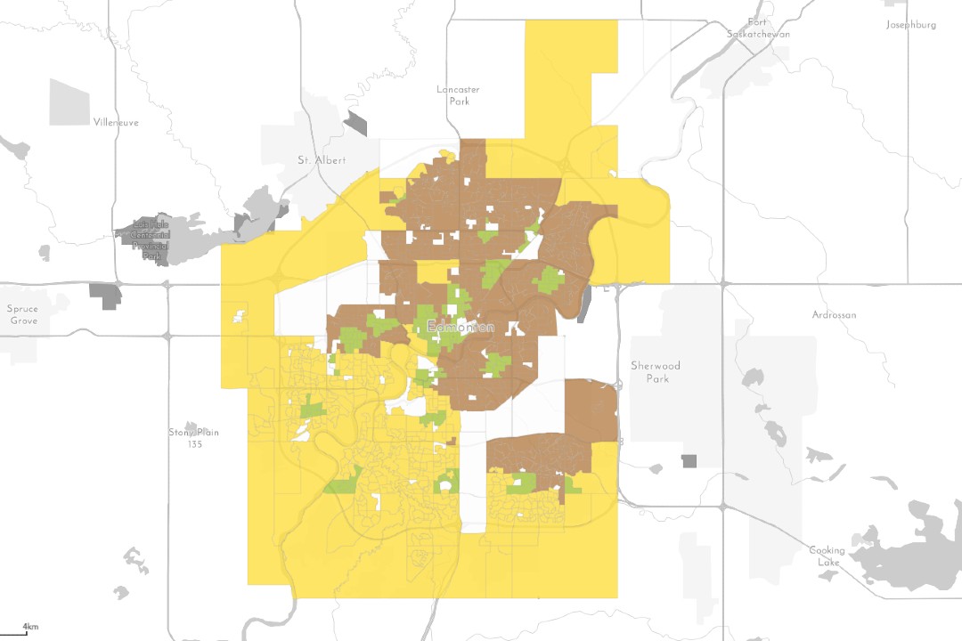 A map of Edmonton showing different areas that are more vulnerable to climate change in different colours